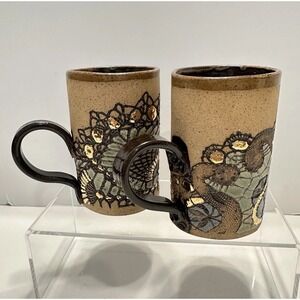 Set Of Two Hand Crafted Ceramic Mugs 12oz Gold‎ Brown Blue Aqua Ocean Design